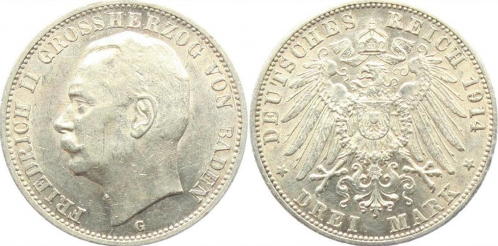 (1914G) Монета Германия (Баден) 1914 год 3 марки &quot;Фридрих II&quot;  Серебро Ag 900  UNC